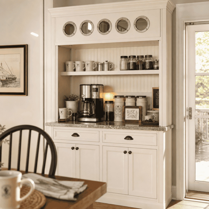 A control-tower-style coffee station anchors the corner of the counter.