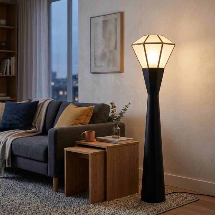 A tapered floor lamp references a control tower while providing useful light beside the sofa.