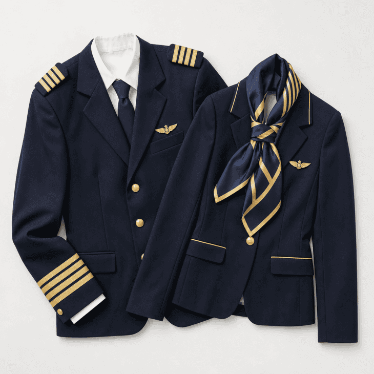 A pilot's jacket and a flight attendant blazer styled together as a matched pair.