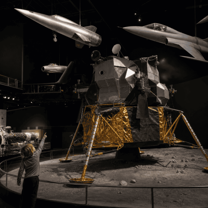 An actual lunar module built on Long Island anchors the space gallery.