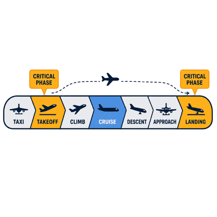 Takeoff, climb below 10,000 feet, final approach, and landing are the flight's officially defined critical phases.