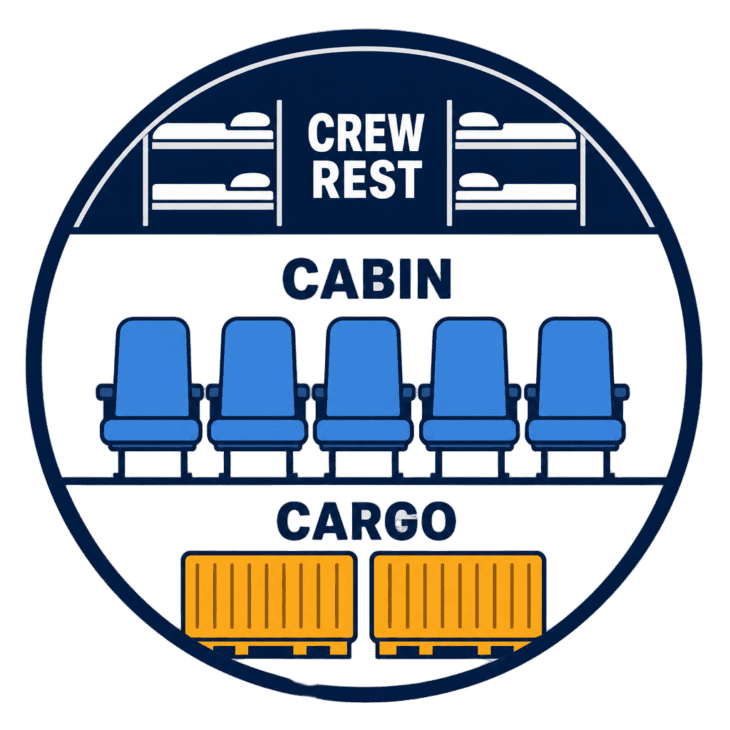 The crew rest compartment sits in the curved crown of the fuselage, above the cabin ceiling and out of the way of paying seats.