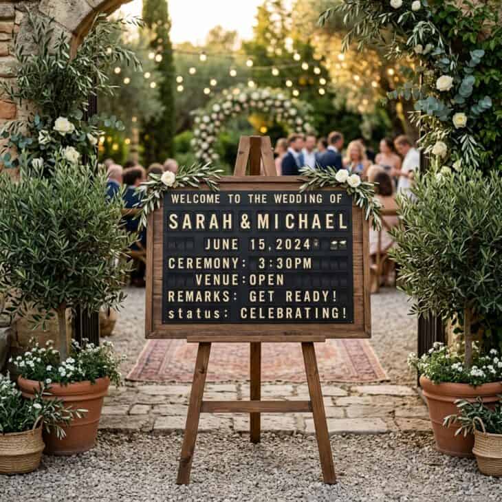 A split-flap departure board sign greets guests at the ceremony entrance.