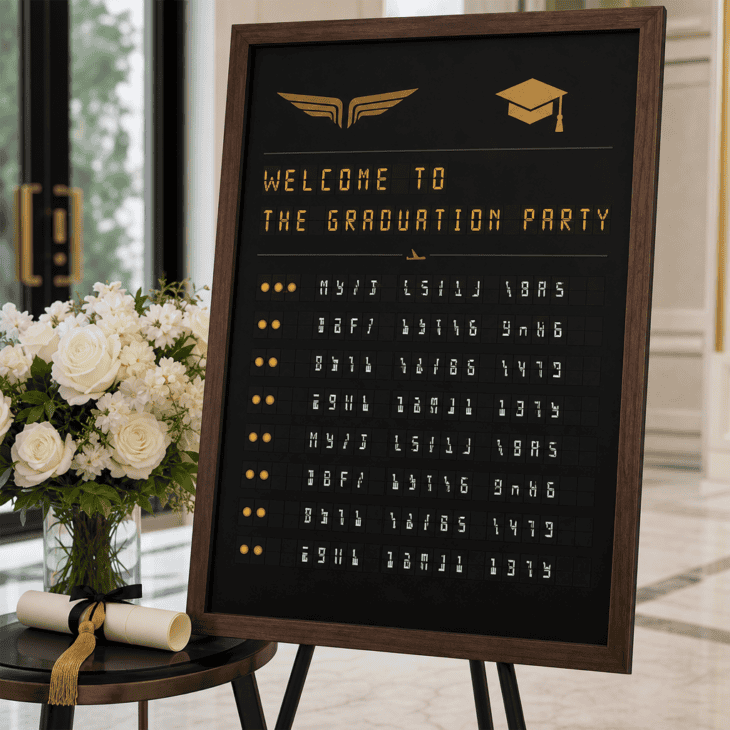 A departure board turns the party schedule into themed decor.