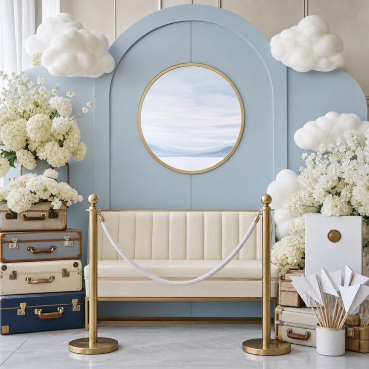 A departure gate backdrop gives guests a polished place to capture the day.