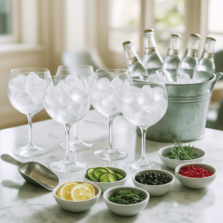 Large stemmed glasses and a garnish tray turn a G and T into a make-your-own drink.