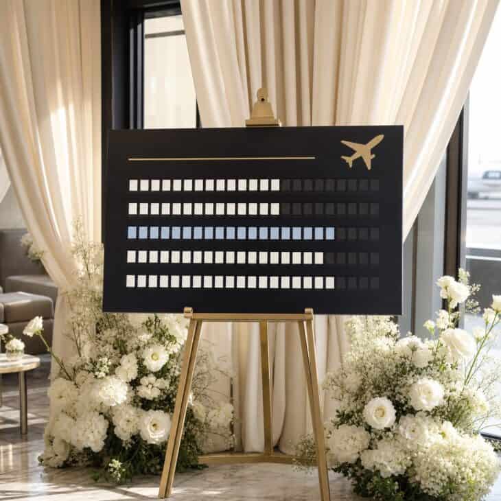 A departures board welcome sign turns the entrance into a stylish gate.