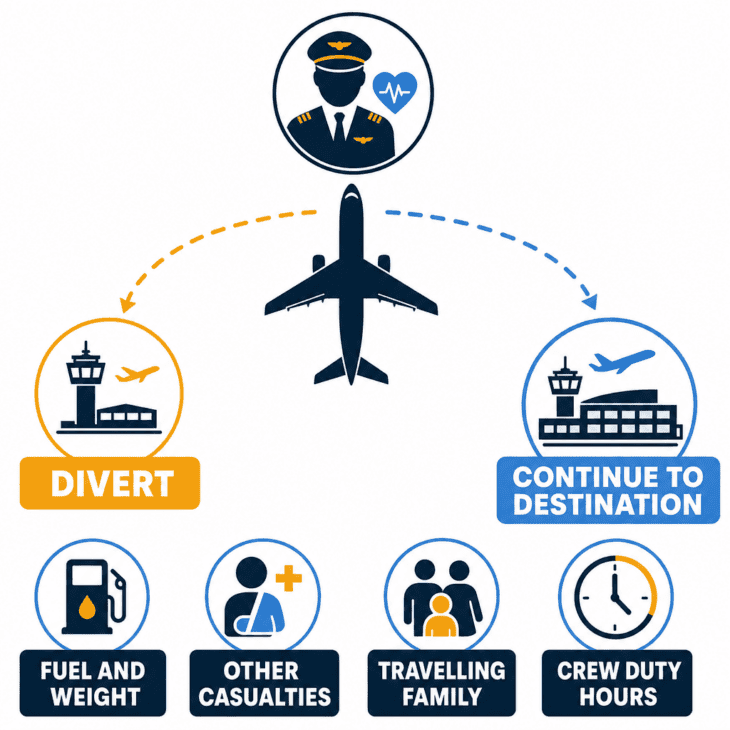 With no patient left to save, the balance usually tips toward continuing to the destination.