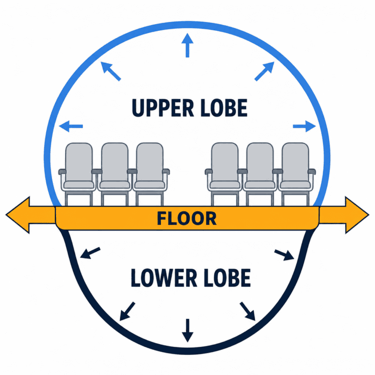 Cross-section diagram of a double-lobe fuselage showing a large upper arc and smaller lower arc joined by the cabin floor acting in tension