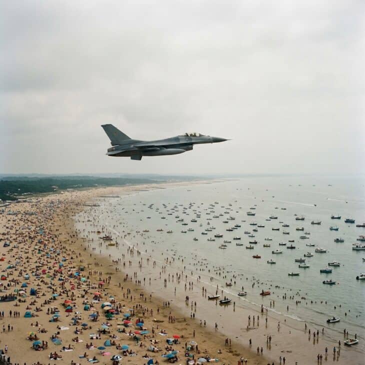 Single-engine fighter aircraft gliding over a crowded beach and shallow sea filled with small boats