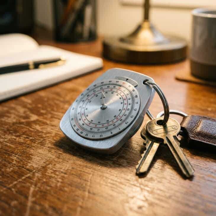 A pocket-sized E6B keychain nods to dead reckoning without needing a flight bag.