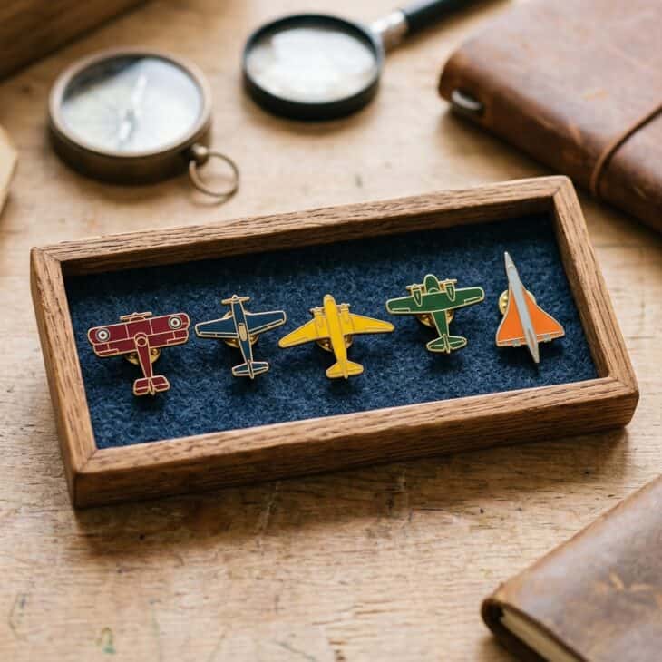 A pin set is an easy, low-cost way to add aviation flair to a jacket or bag.