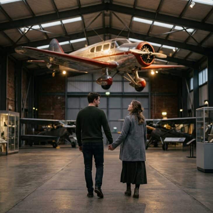 Vintage aircraft look different under evening museum lighting than they do at a busy midday visit.