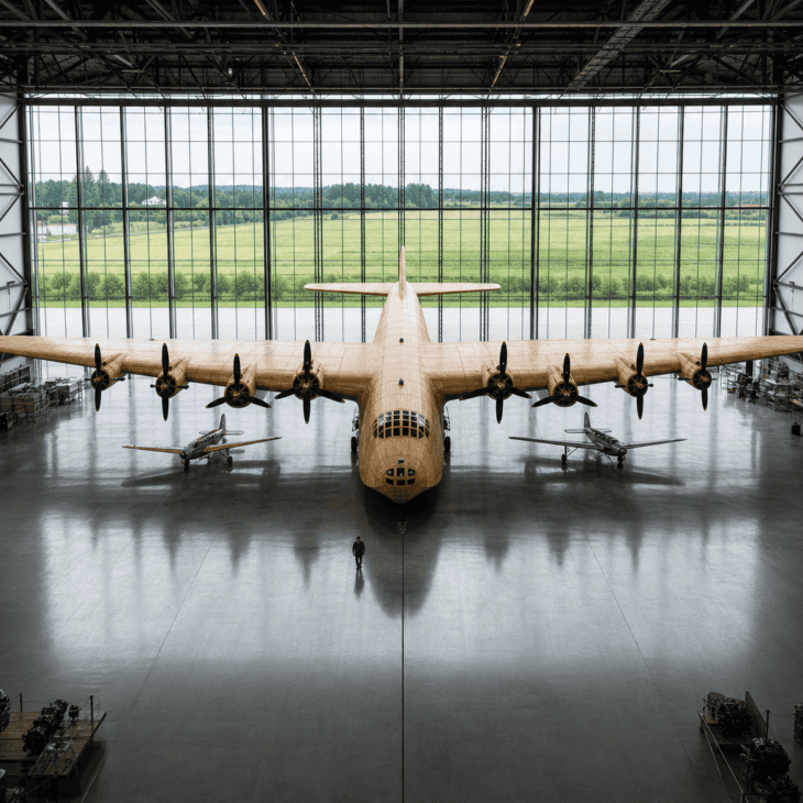 The wooden flying boat's wingspan nearly spans the entire hangar.