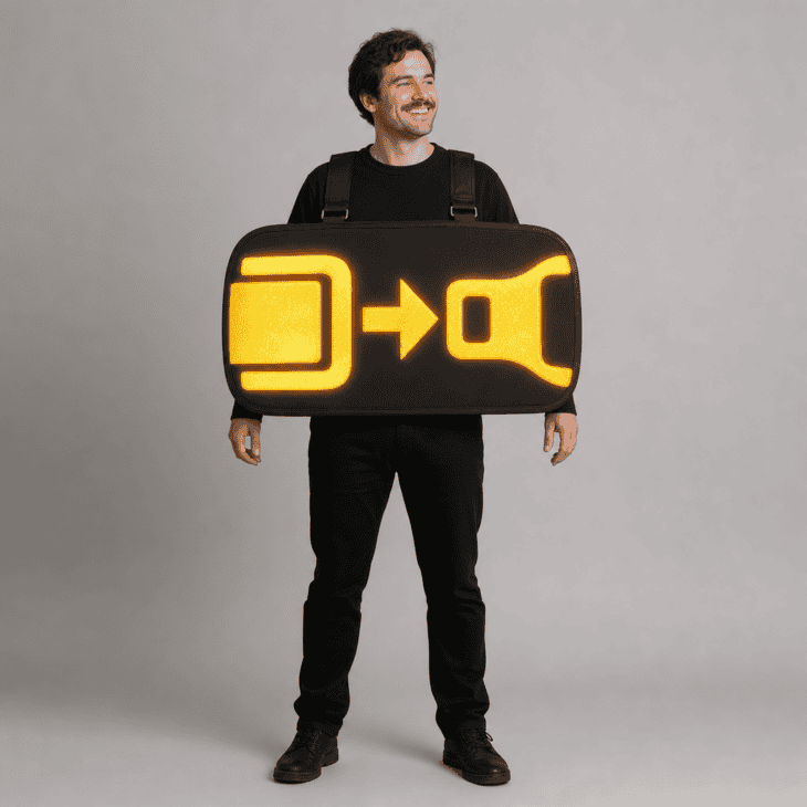 A glowing amber seatbelt-sign costume worn as a sandwich board.