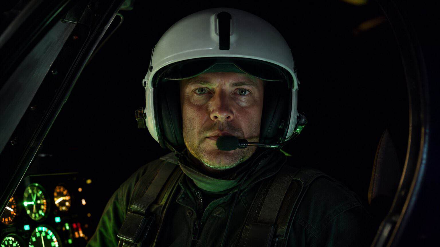 A helicopter pilot in a flight helmet in a darkened cockpit at night, lit by the glow of the instrument panel