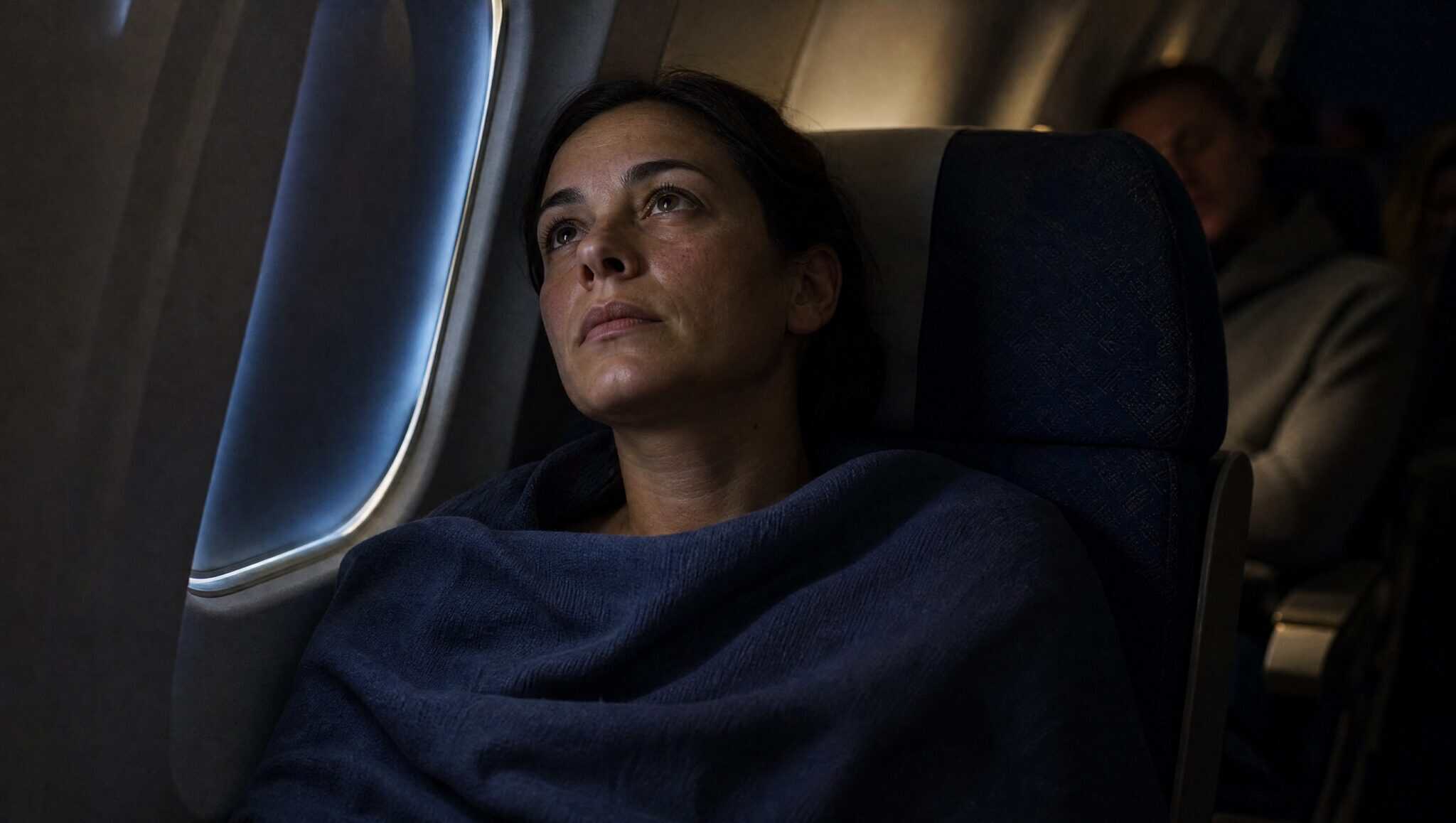Awake passenger lit by window light in a darkened night flight cabin