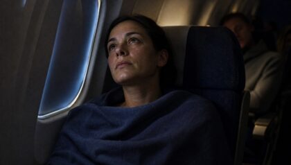 Awake passenger lit by window light in a darkened night flight cabin