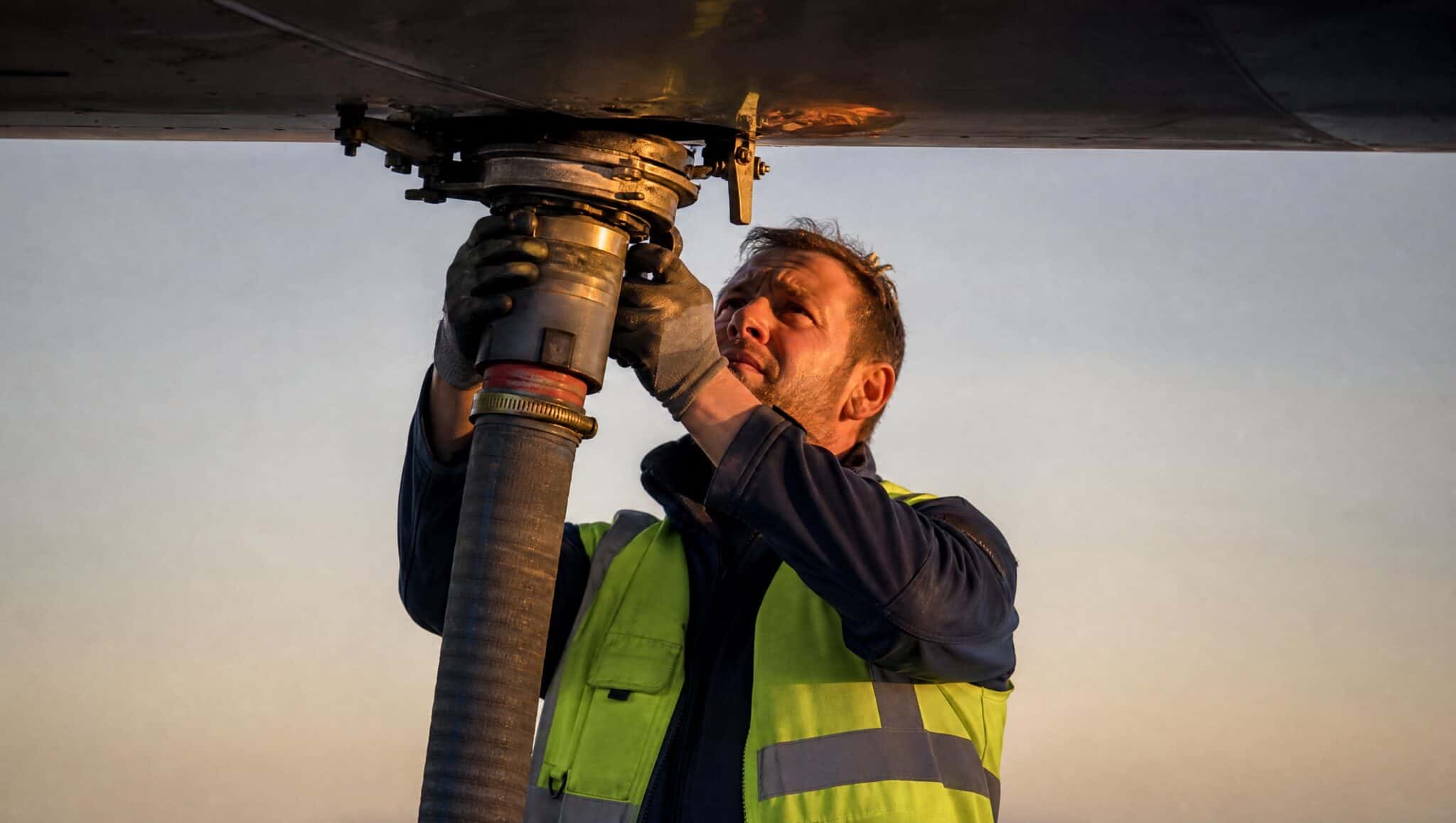 A ground crew refueller connects a fuel hose to the underwing coupling of an airliner at dawn
