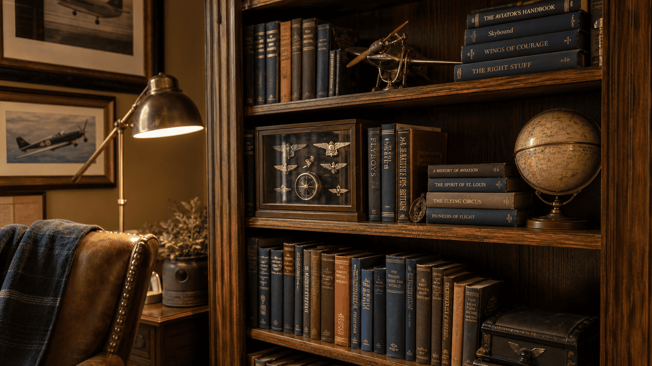 Wooden bookcase with aviation books, a glass curio case of wing pins, a globe, and a small propeller model on the shelf