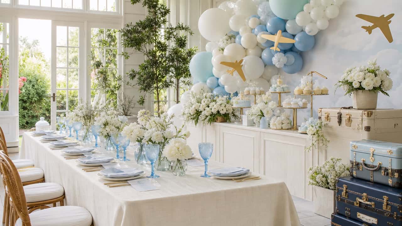 Elegant aviation bridal shower table with cloud balloons, gold airplane accents, white flowers, blue glassware, and vintage suitcases