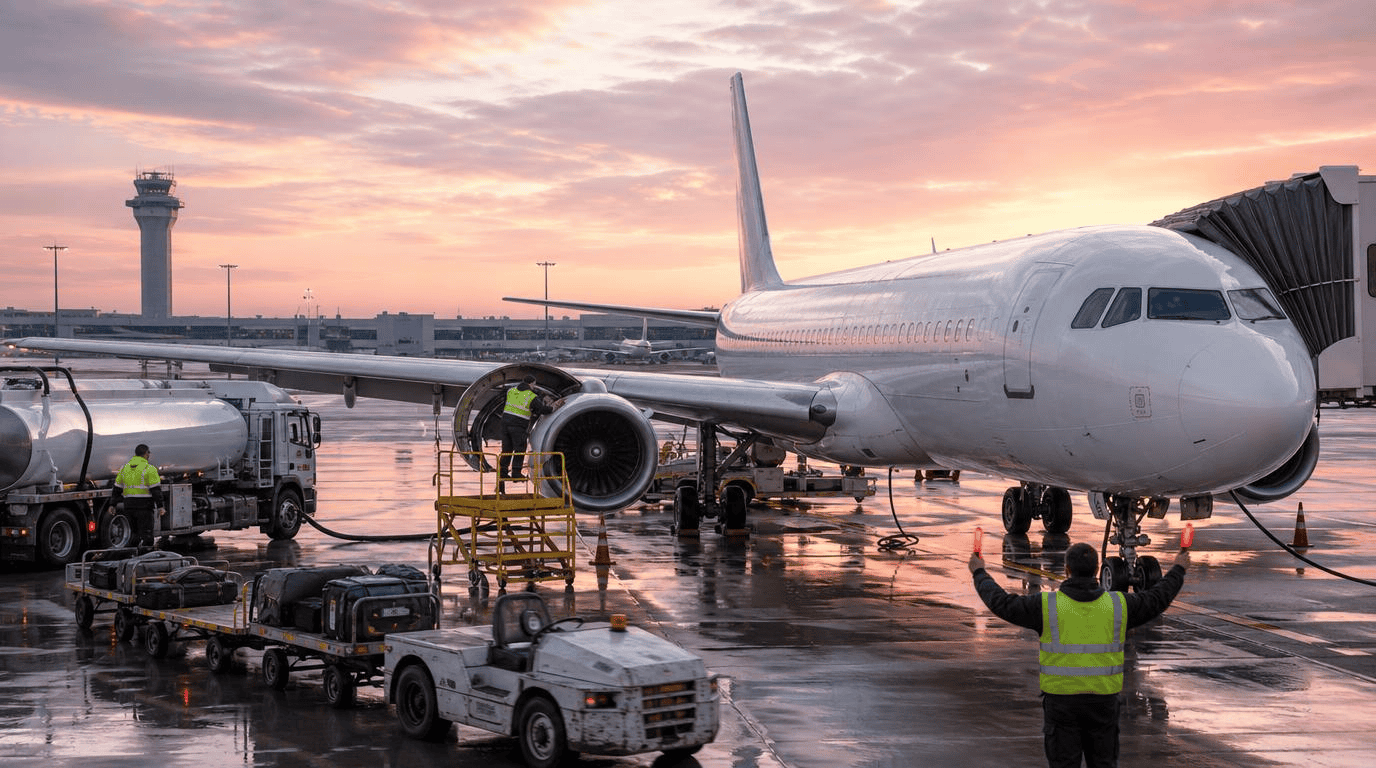 Ground crew working around a parked airliner at an airport gate at dawn