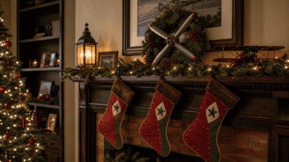 Living room mantel decorated for the holidays with a vintage propeller wreath, tail-number stockings, and warm string lights