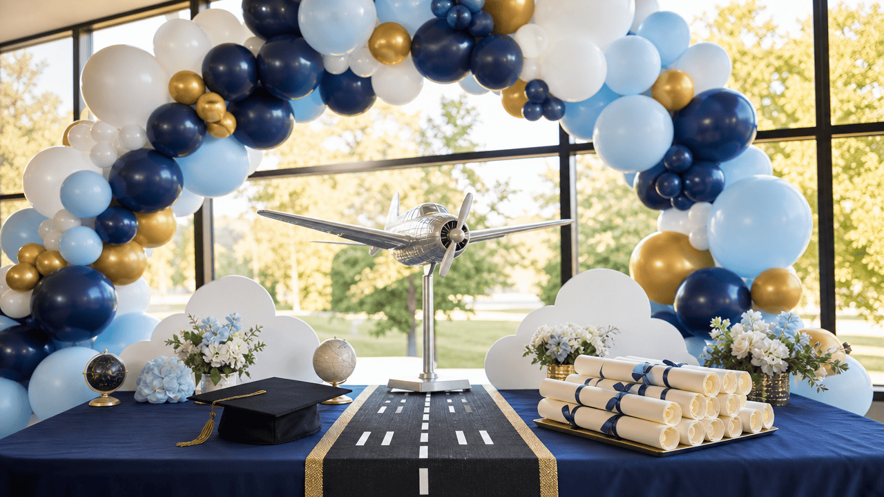 Aviation graduation party table with balloon arch, runway runner, propeller airplane, diplomas, and graduation cap