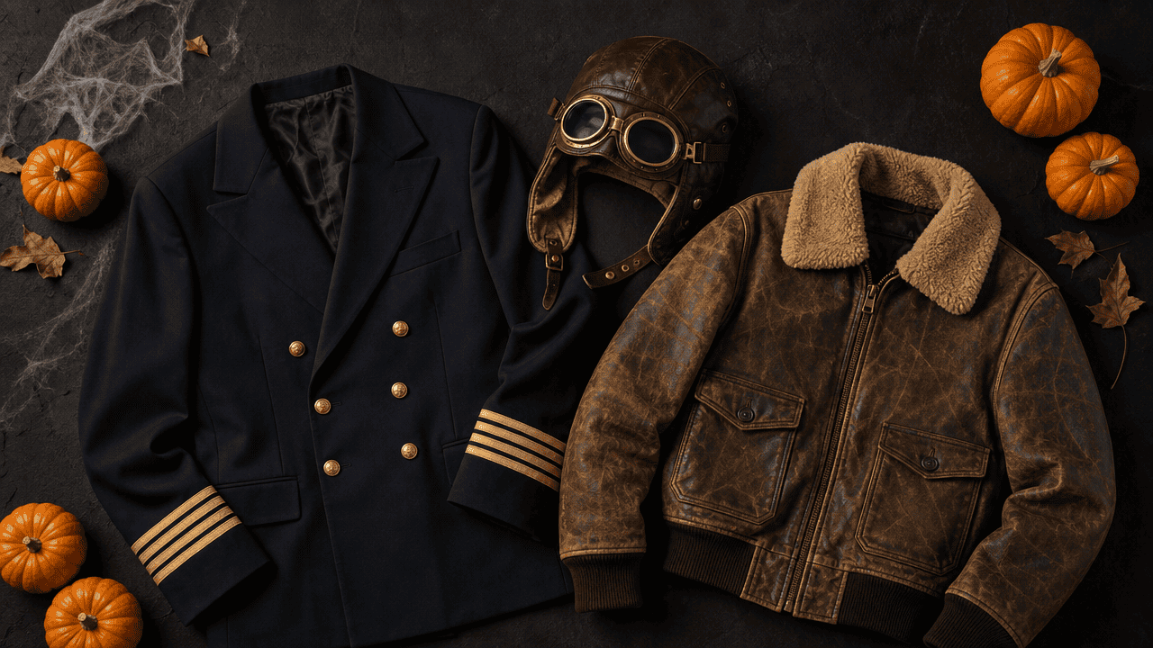 Flat lay of aviation Halloween costume pieces including a captain's jacket, a leather flying helmet, and a bomber jacket