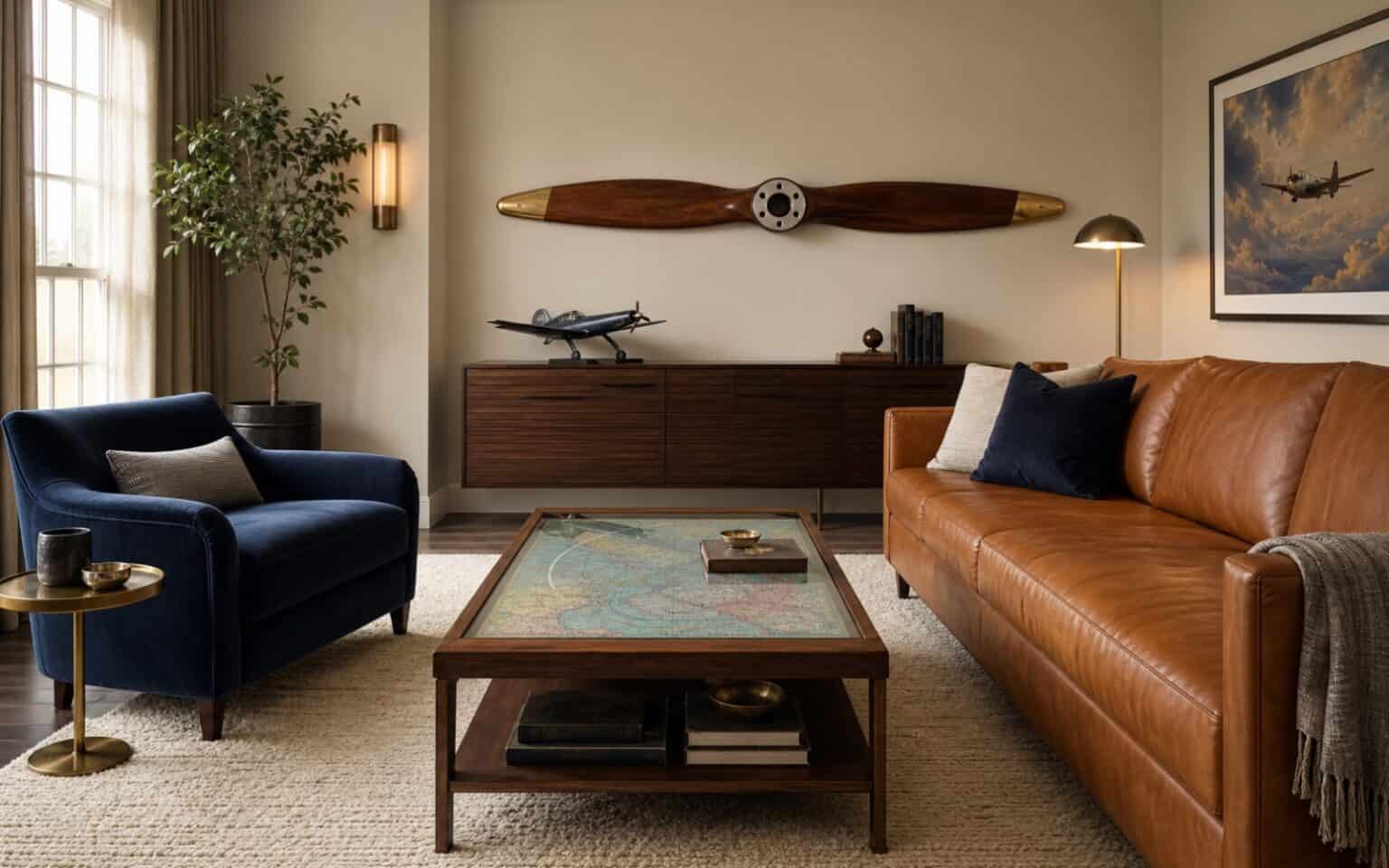 Sophisticated aviation living room with propeller wall decor, chart coffee table, navy chair, and caramel leather sofa