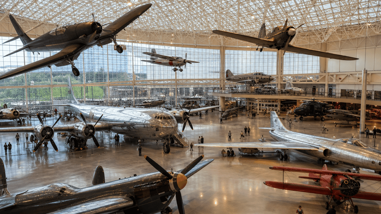 Historic aircraft of many eras displayed together in a vast skylit aviation museum hangar