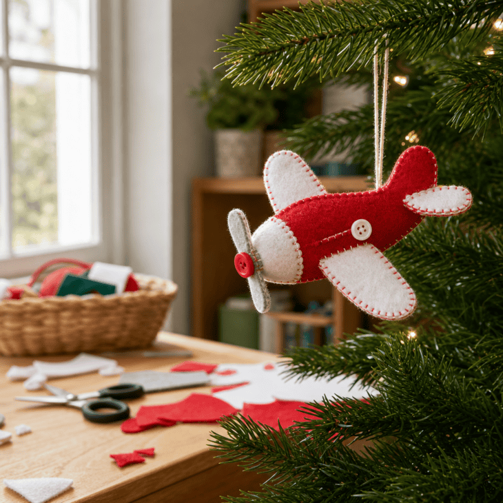 A hand-stitched felt airplane with visible whipstitching is simple enough for kids to make.