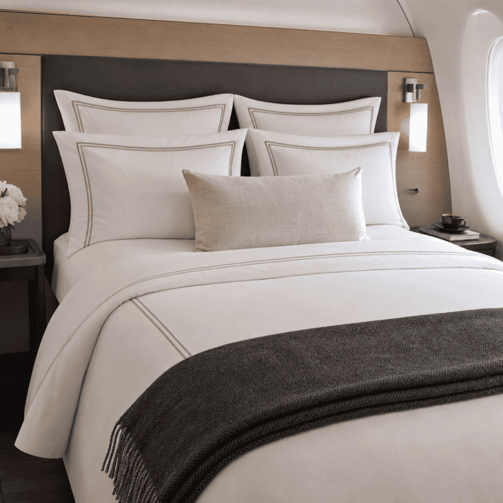 Crisp layered bedding and a folded wool throw give the bed a premium-cabin finish.