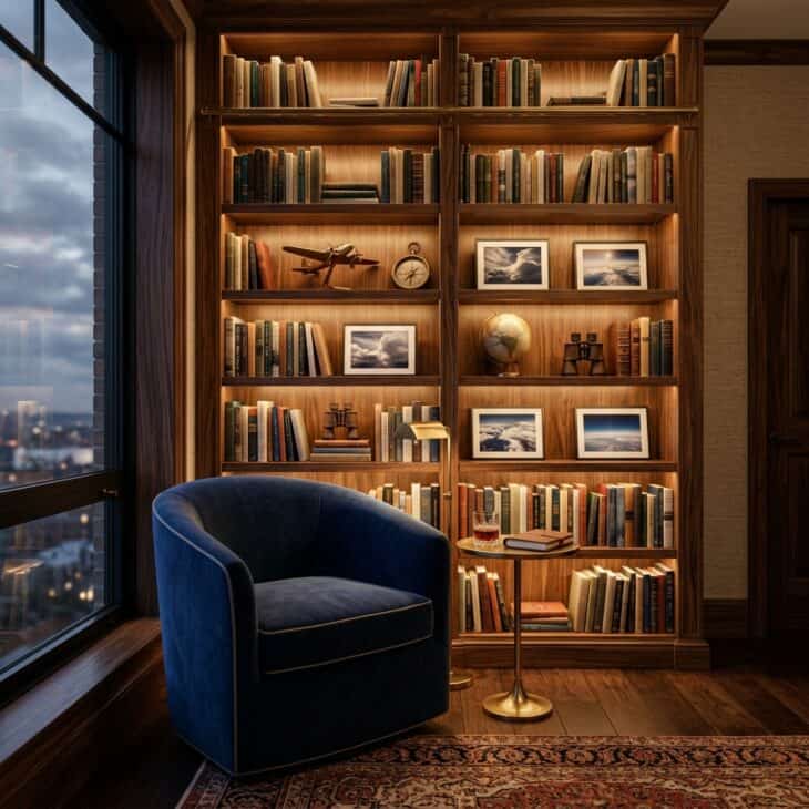 Warm shelving and one deep-blue reading chair turn a book wall into a first-class retreat.