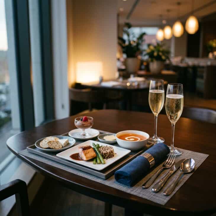 A homemade tray-service dinner spoofs first class without the price of the seat.