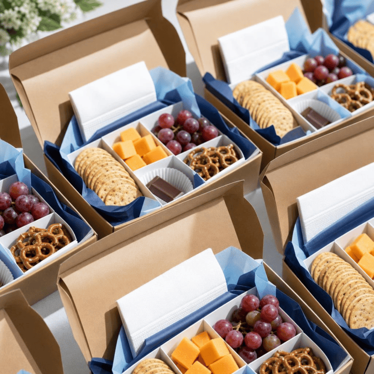 Compartmented snack boxes make every guest's portion feel first class.