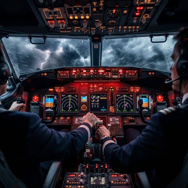 Commercial airliner cockpit interior during a dramatic emergency maneuver