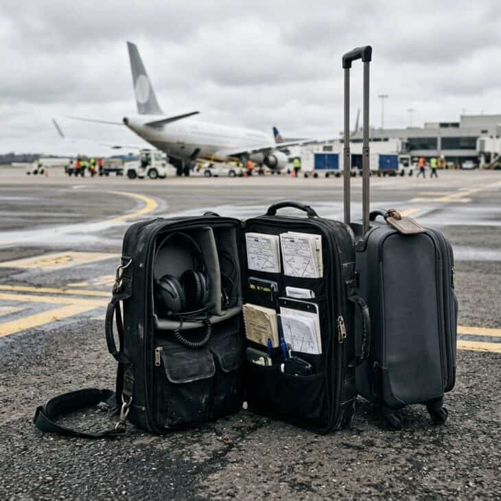 A dedicated flight bag keeps charts, a tablet, and a headset from crushing each other.