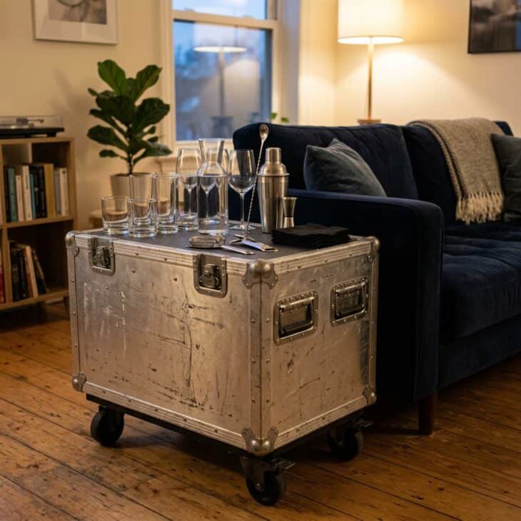 A flight-case-inspired trolley adds storage, serving space, and a durable travel character.