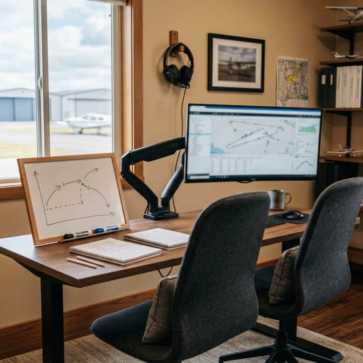 Side-by-side seating and a movable screen make post-flight review more collaborative.