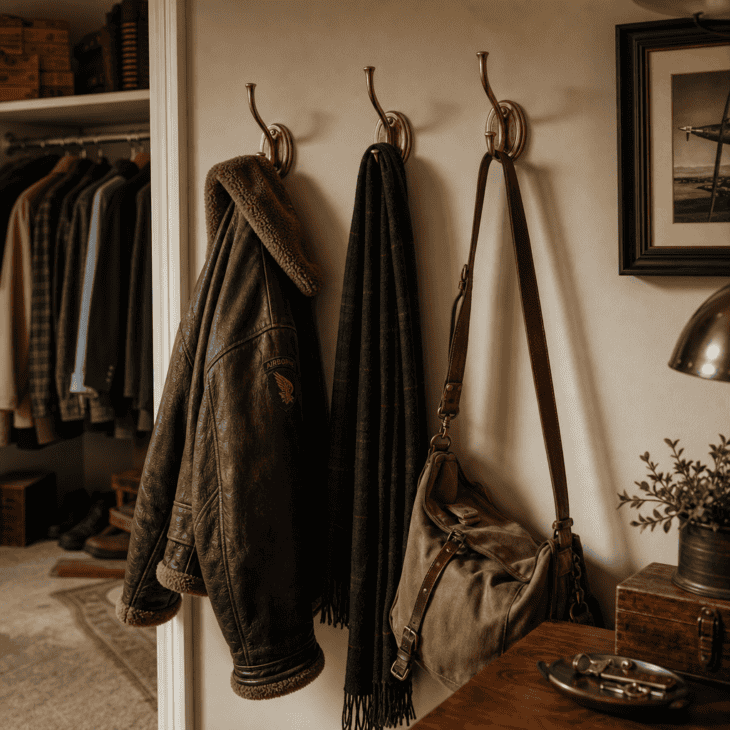A worn leather jacket and scarf hang ready on brass hooks by the closet.