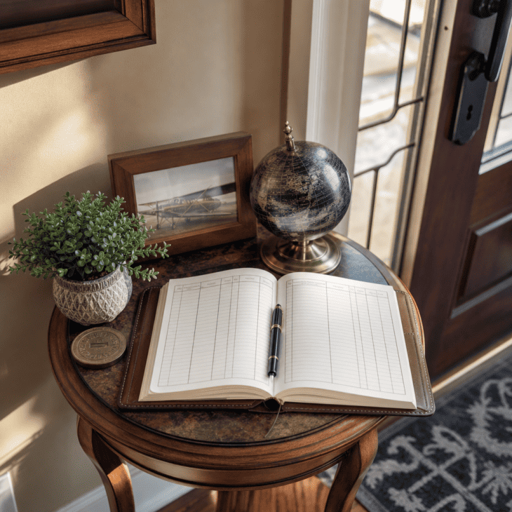 A flight-log-style guest book invites visitors to leave a note.