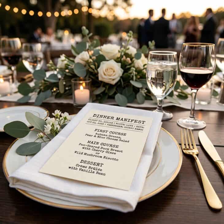 Dinner courses are listed on a menu card styled as a flight manifest.