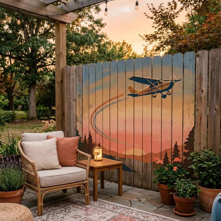 A hand-painted flight path mural traces a climbing arc across the privacy fence at sunset.