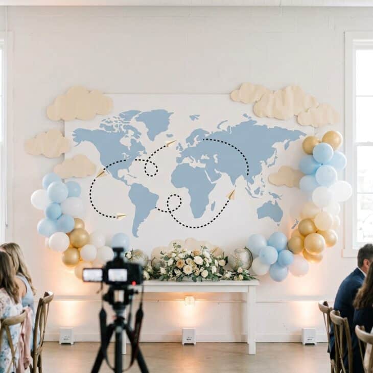 A looping flight path turns a blank wall into a graphic party centerpiece.