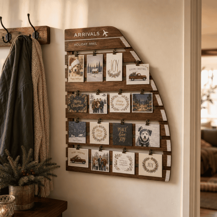 A flight-path-shaped rack keeps a growing stack of incoming holiday cards on display.