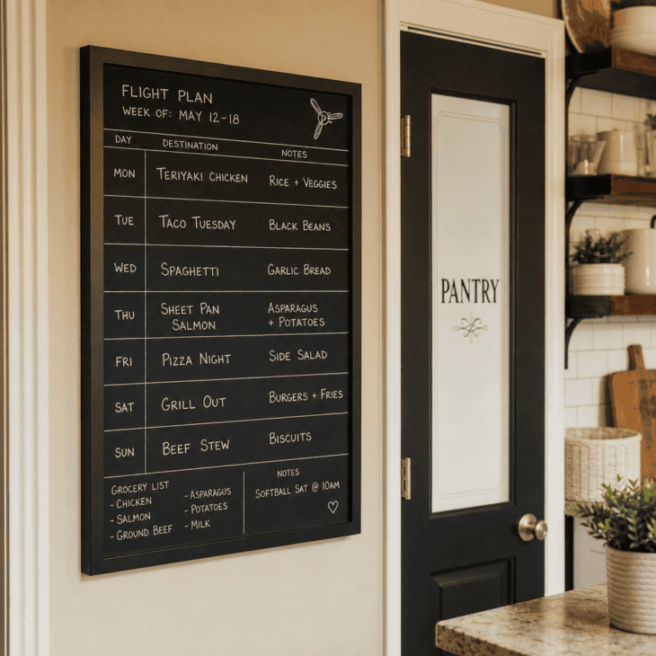 A flight-plan-style chalkboard tracks the week's dinner menu by the pantry.