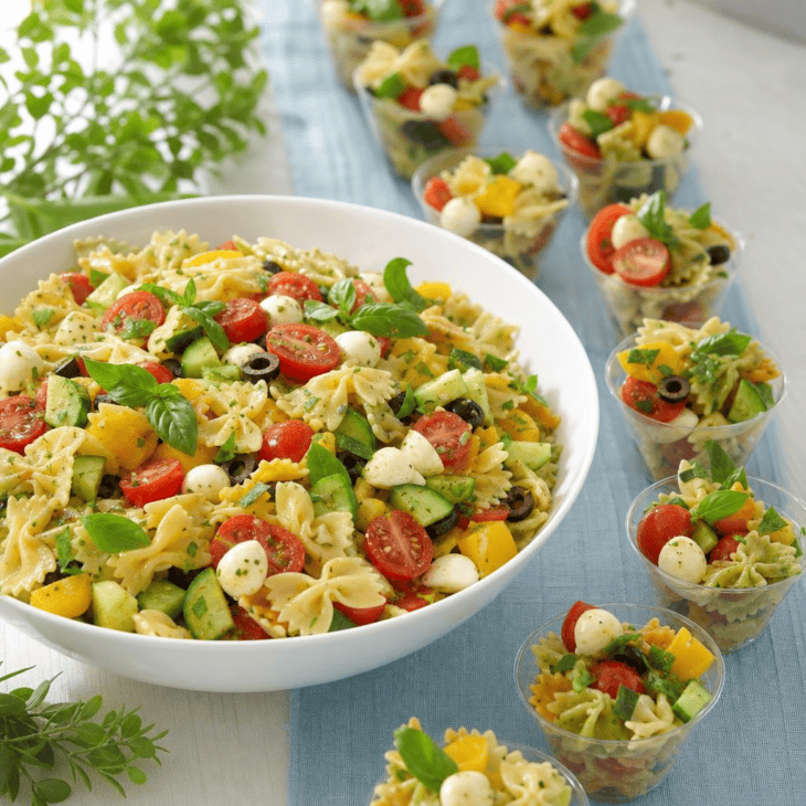 Bow-tie pasta gives a make-ahead salad a subtle flight-theme detail.