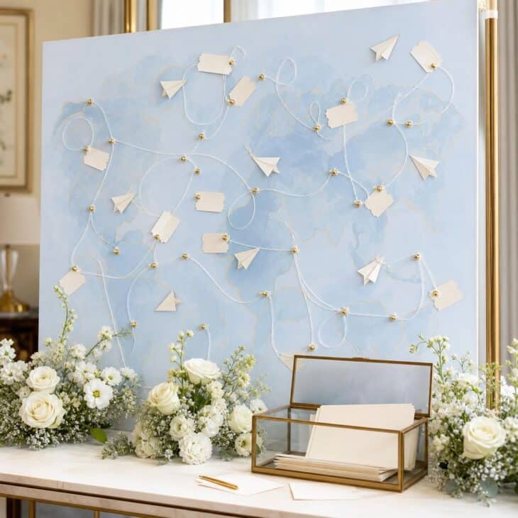 A flight plan wall gathers guests' hopes for the couple's journey ahead.