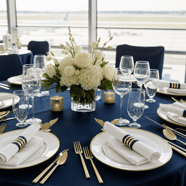 Navy, white, and slim gold stripes create a polished flight-school palette.